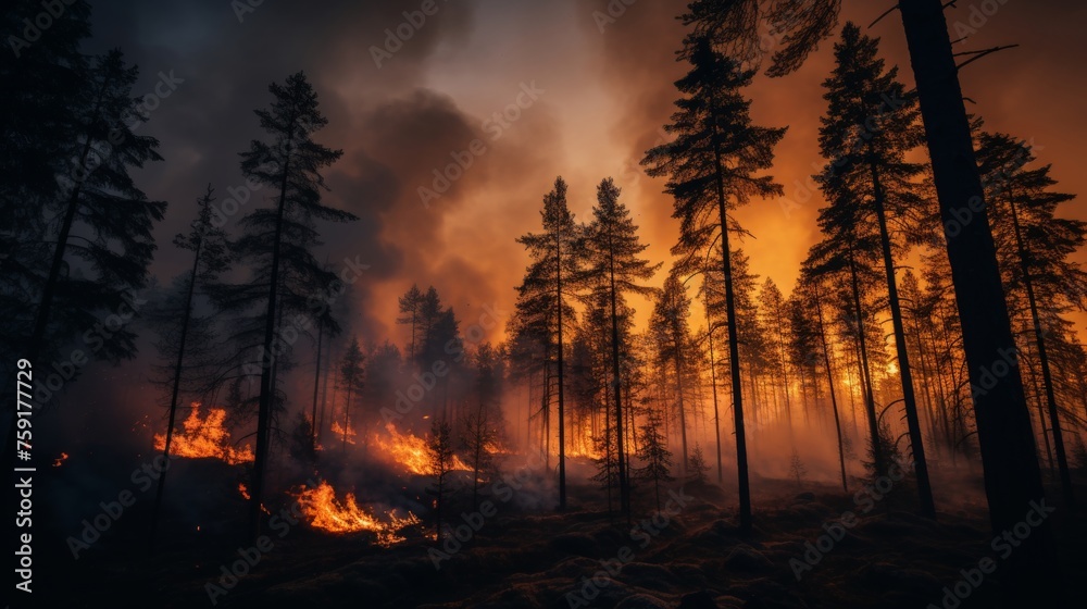 Devastating inferno as intense forest fire engulfs and consumes the surrounding trees Devastating inferno as intense forest fire engulfs and consumes the surrounding trees
