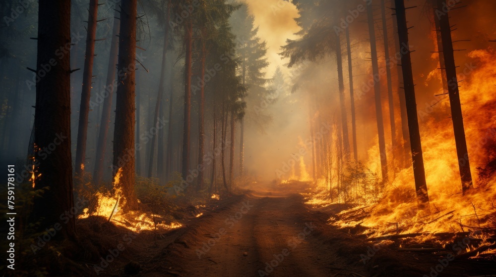 Intense forest fire engulfing trees in raging flames causing widespread devastation - obrazy, fototapety, plakaty 