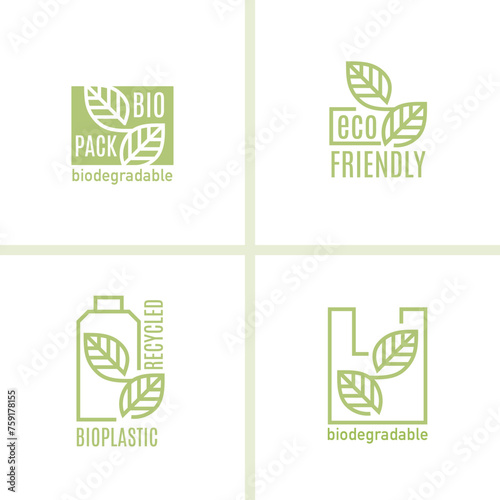 Eco boxes, bottles and bags with green leaf icons. Set of biodegradable, compostable packaging. Eco friendly material production. Nature protection concept. Vector Illustration, editable strokes