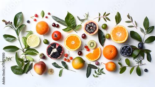 A flatlay composition of a variety of colorful fruits and vegetables, arranged in a visually appealing way, with details of the different textures, shapes, and colors of the produce.