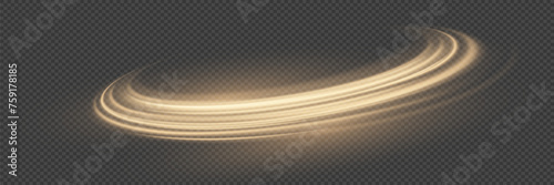 Glowing golden speed lines. Light shining effect. Movements of the light trail. On a transparent background.