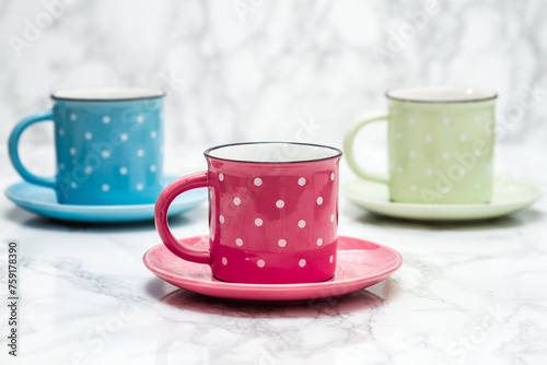 Colorful Ceramic Mugs, Pink, Blue and Yellow with White Dots