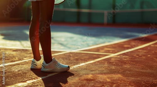 A woman is standing on a tennis court wearing white shoes. She is holding a tennis racket. Tennis Roland Garros Concept photo