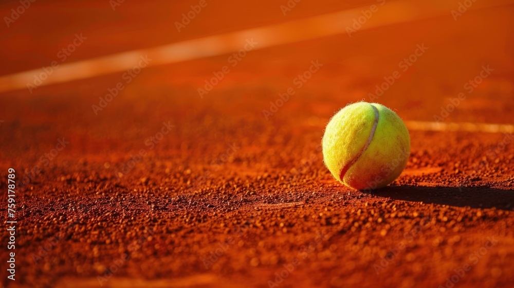A tennis ball is sitting on a red clay court. The ball is yellow and has a white stripe. Tennis Roland Garros Concept