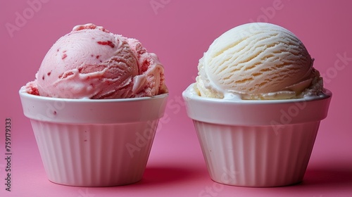 two scoops of ice cream sit in a pink cup on a pink background with a pink wall in the background. photo