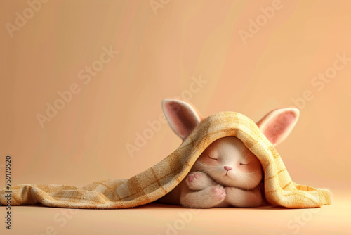 A 3d rabbit sleeps comfortably in the soft folds of a blanket. 