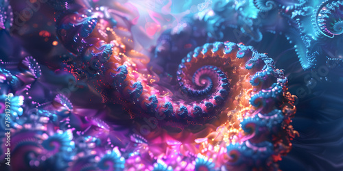 High-definition 3D iridescent spiral, coiling inward with a luminous edge, set against the void 