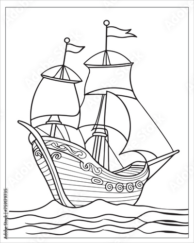 Pirate Ship Coloring Pages, Ship Vector, black and white ship illustration