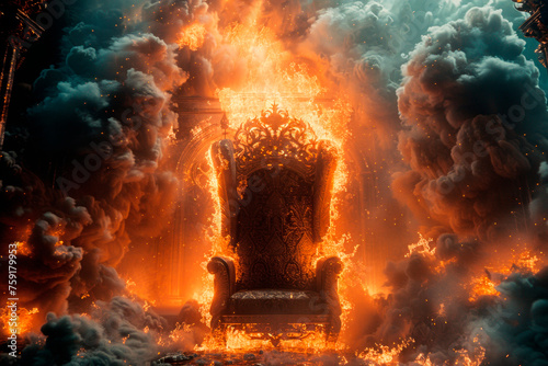 The throne is on fire, a metaphor for the loss of power and country, war. AI generative content..