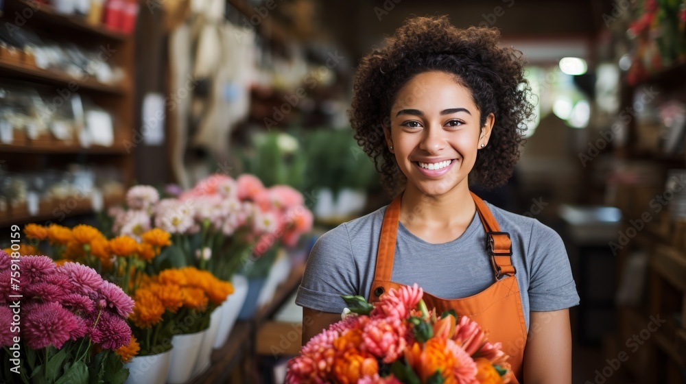 Smiling hispanic female entrepreneur in delightful florist shop, creating a welcoming atmosphere