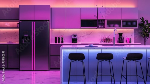 High-end tech kitchen with digital controls, AI fridge, automatic java, and ambiance lighting luxury photo