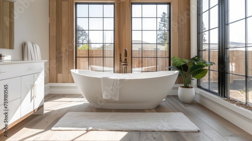 Roomy and modern bath  free tub  minimal design  ample light  peaceful color scheme