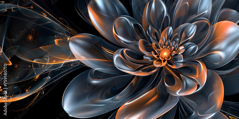 Ultra-sharp 3D rendering of a fractal flower, its metallic petals unfolding with a cosmic glow on a black canvas  - obrazy, fototapety, plakaty 