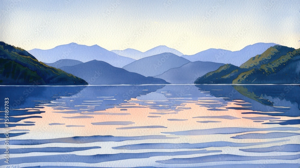 a painting of a body of water with a mountain range in the background and the sun reflecting in the water.