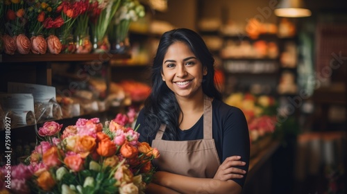 Happy hispanic woman entrepreneur in flower shop   small business owner smiling in florist store