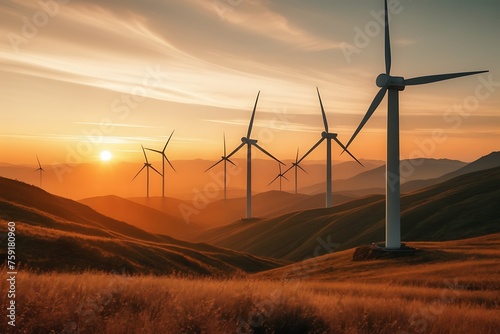 Wind energy. Wind power. Sustainable  renewable energy. Wind turbines generate electricity. Windmill farm on mountain with sunset sky. Green technology. Renewable resource. Sustainable development.