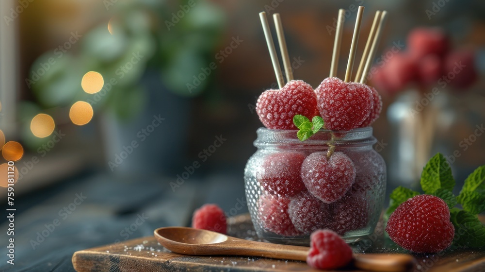 a jar filled with raspberries sitting on top of a wooden cutting board next to a spoon and a plant.
