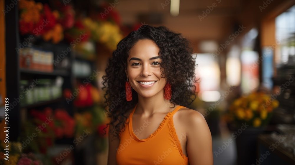 Cheerful hispanic female entrepreneur in flower shop, a small business owner s portrait