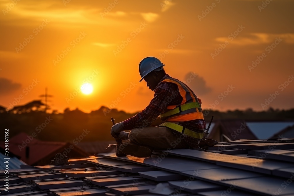 Construction worker actively involved in roofing tasks on a building s structure