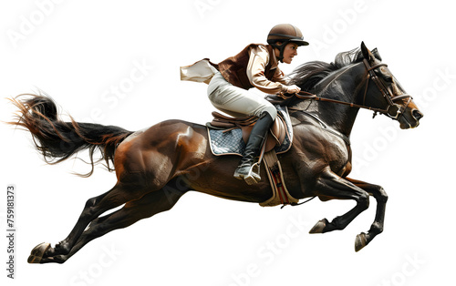 Horse racing .Jockey racing on horse, white background, full body, png photo