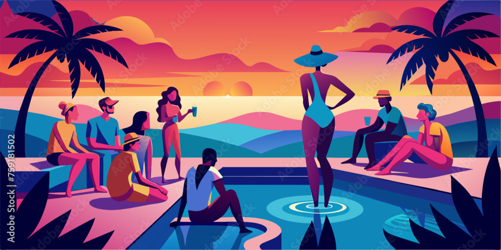People on vacation in the tropics. Group of young people sitting on the edge of the pool at sunset. Vector illustration