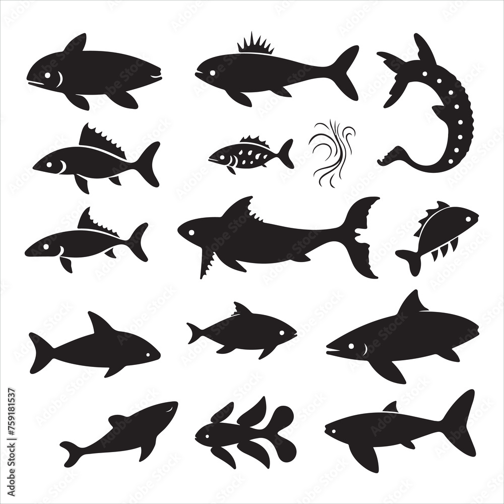 Naklejka premium A black silhouette Sea animals set