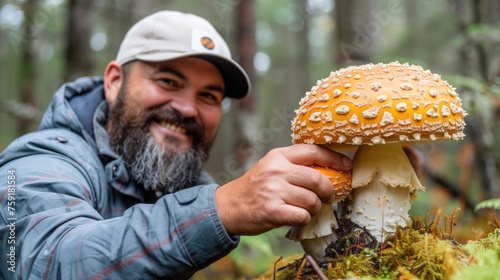 a man with a beard is holding a mushroom in the middle of a forest with moss growing on the ground and trees in the background. photo