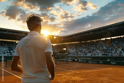 A man stands on a tennis court with a crowd of people watching him. The sun is setting, casting a warm glow over the scene. Tennis Roland Garros Concept photo