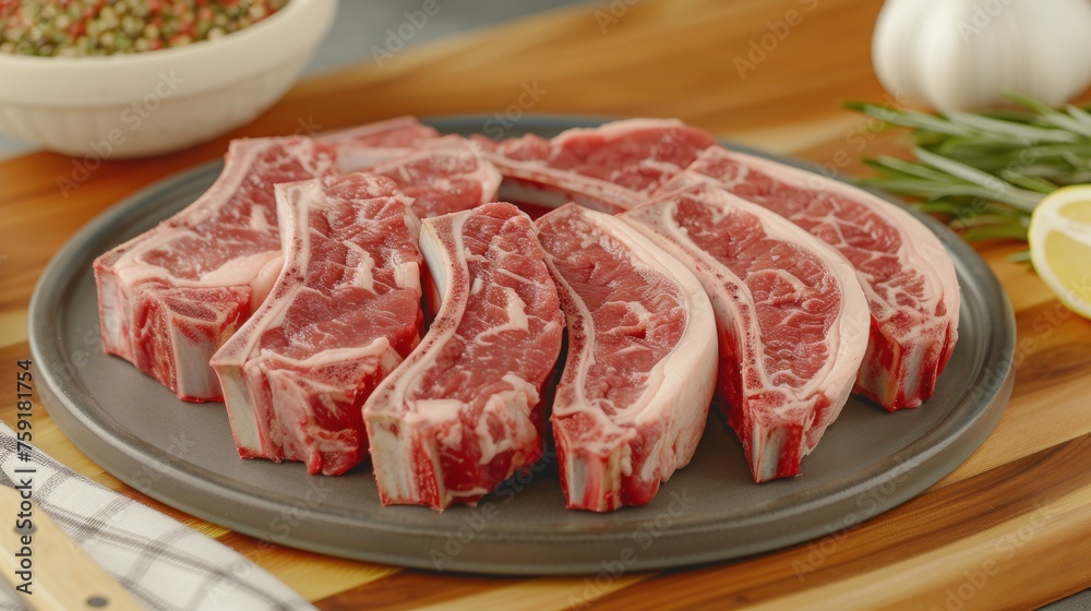 a pile of raw meat sitting on top of a plate next to a bowl of seasoning and a knife. a pile of raw meat sitting on top of a plate next to a bowl of seasoning and a knife.