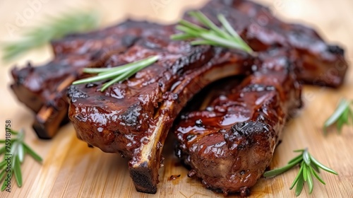 a wooden cutting board topped with ribs covered in bbq sauce and garnished with a sprig of rosemary.