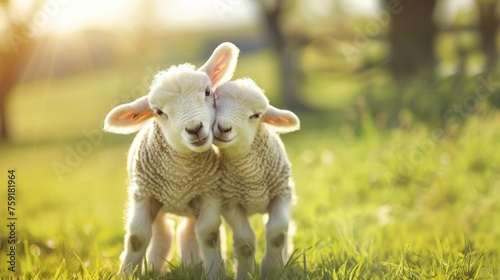 Funny two lambs playing in the green field at sunny day. AI generated image
