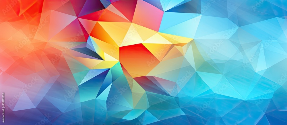 Obraz premium A vibrant and colorful abstract background featuring geometric shapes in electric blue and red hues. Symmetrical triangles, circles, and patterns create a creative and artistic design