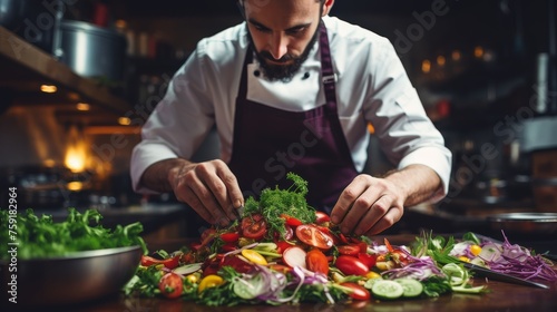 A chef skillfully prepares a vibrant salad in a bustling kitchen