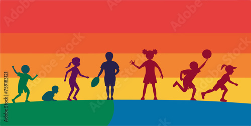 group of children silhouettes on the background of the rainbow, vector illustration © milanchikov