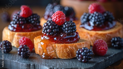 a piece of bread topped with raspberries and blackberries on top of a piece of buttered bread.