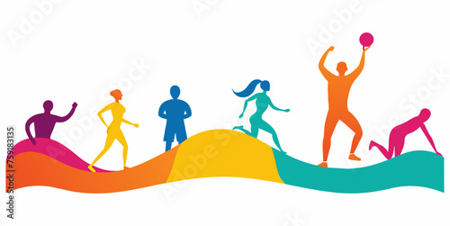 Vector illustration of a group of people running, jogging, playing basketball, tennis, baseball, bowling, running. Flat style.