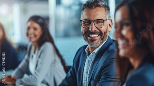 A diverse group of individuals sitting together at a table, smiling brightly and engaging in conversation