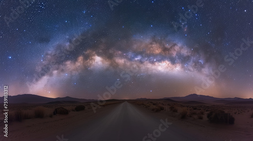 Milky Way arc and stars in night sky over the Alps. Outstanding Comet Neowise glowing at the horizon on the left. Panoramic fish eye view  astro photography  stargazing