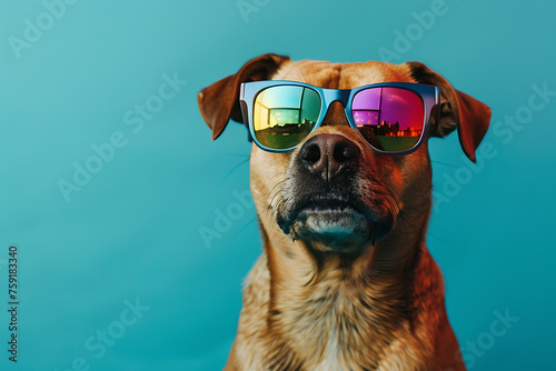 Dog Wearing Sunglasses Against Blue Background © Maksym