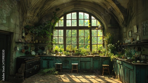 a kitchen with a large arched window and lots of greenery on the counter top and a table in the middle of the room.