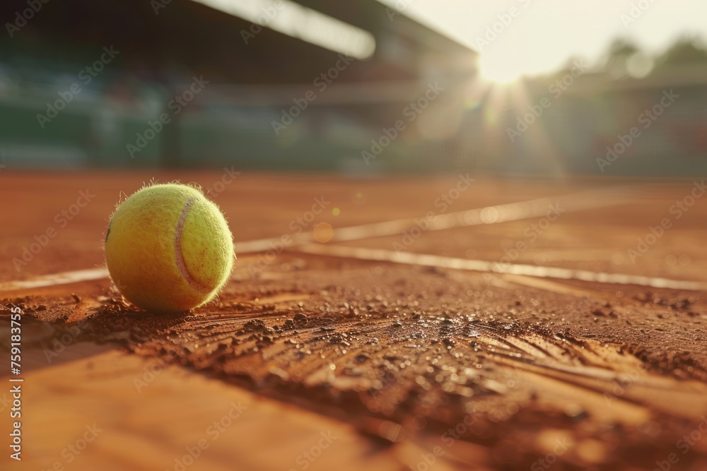 A tennis ball is sitting on a tennis court. Tennis Roland Garros Concept