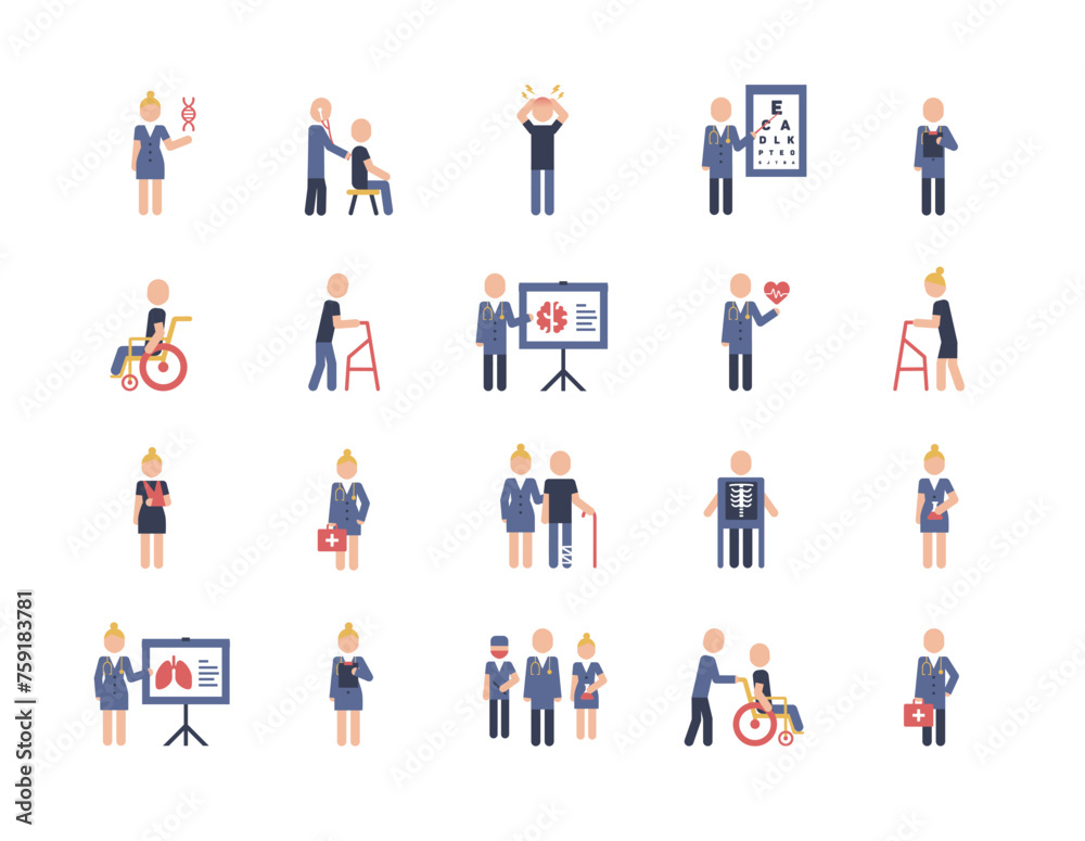Medical service isometric icons set. Diagnosis and treatment in clinic flat vector pictograms. Doctor consultation, life insurance and healthcare color pictograms with people characters.