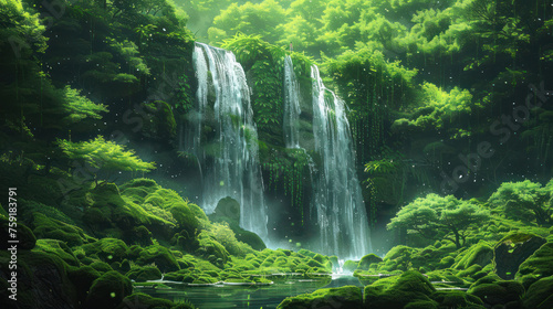 a painting of a waterfall in the middle of a forest with moss growing on the ground and rocks in the foreground.