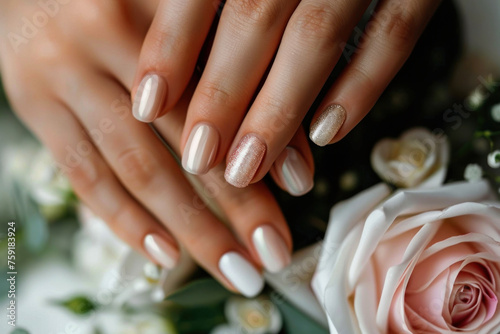 Close-up of female hands with a fashionable pastel-delicate manicure against a background of rose flowers. Women s hands on a background of gray fabric