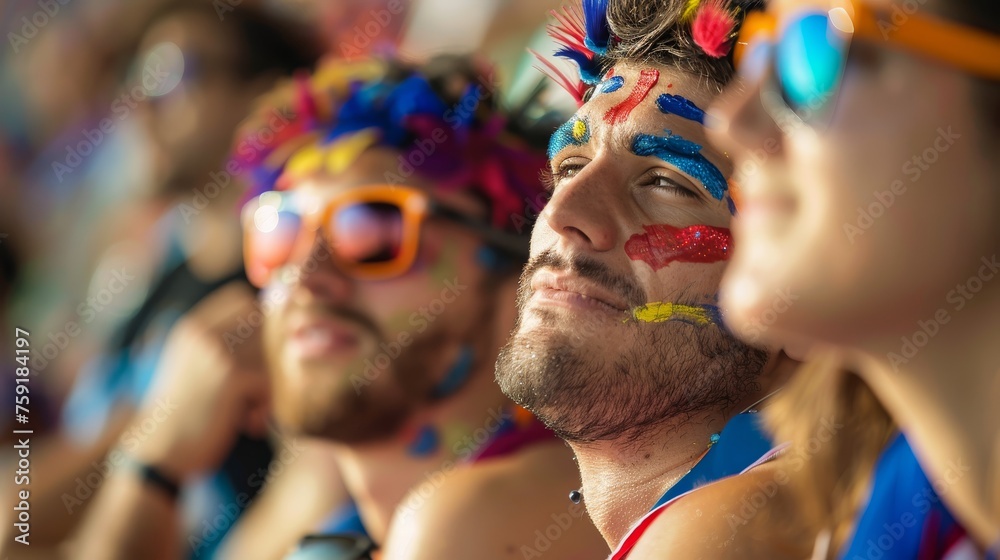A colorful group of individuals with intricate face paint designs, showcasing their creativity and unity