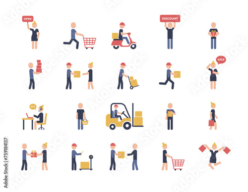 Logistic shopping delivery flat recolor set of isolated icons pictogram signs and human characters vector illustration. Color pictograms logistic concept.