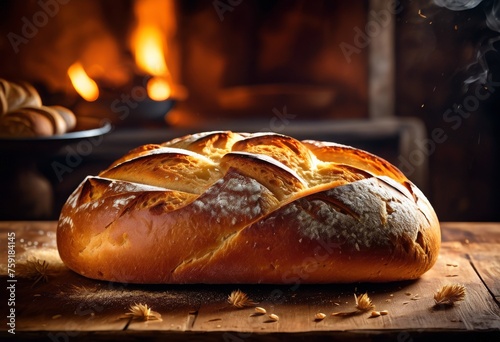 illustration, freshly baked loaf bread wooden table bakery kitchen, artisan, goods, scene, baking, process, crusty, delicious, aroma, flour, ingredients,