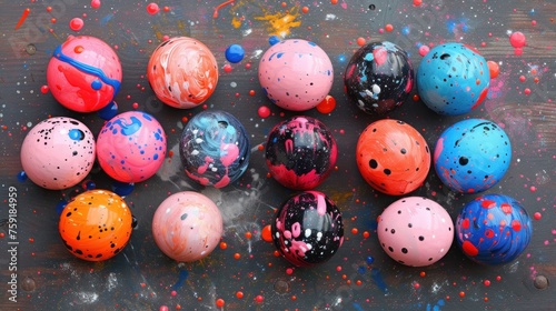 a group of colorful balls sitting on top of a wooden table covered in sprinkles and colored paint.