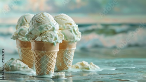 three ice cream cones sitting on top of a table covered in white frosting and sprinkled with icing.