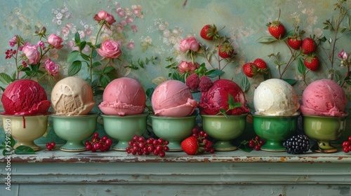 a painting of a row of ice creams in green bowls with strawberries, raspberries, and roses. photo